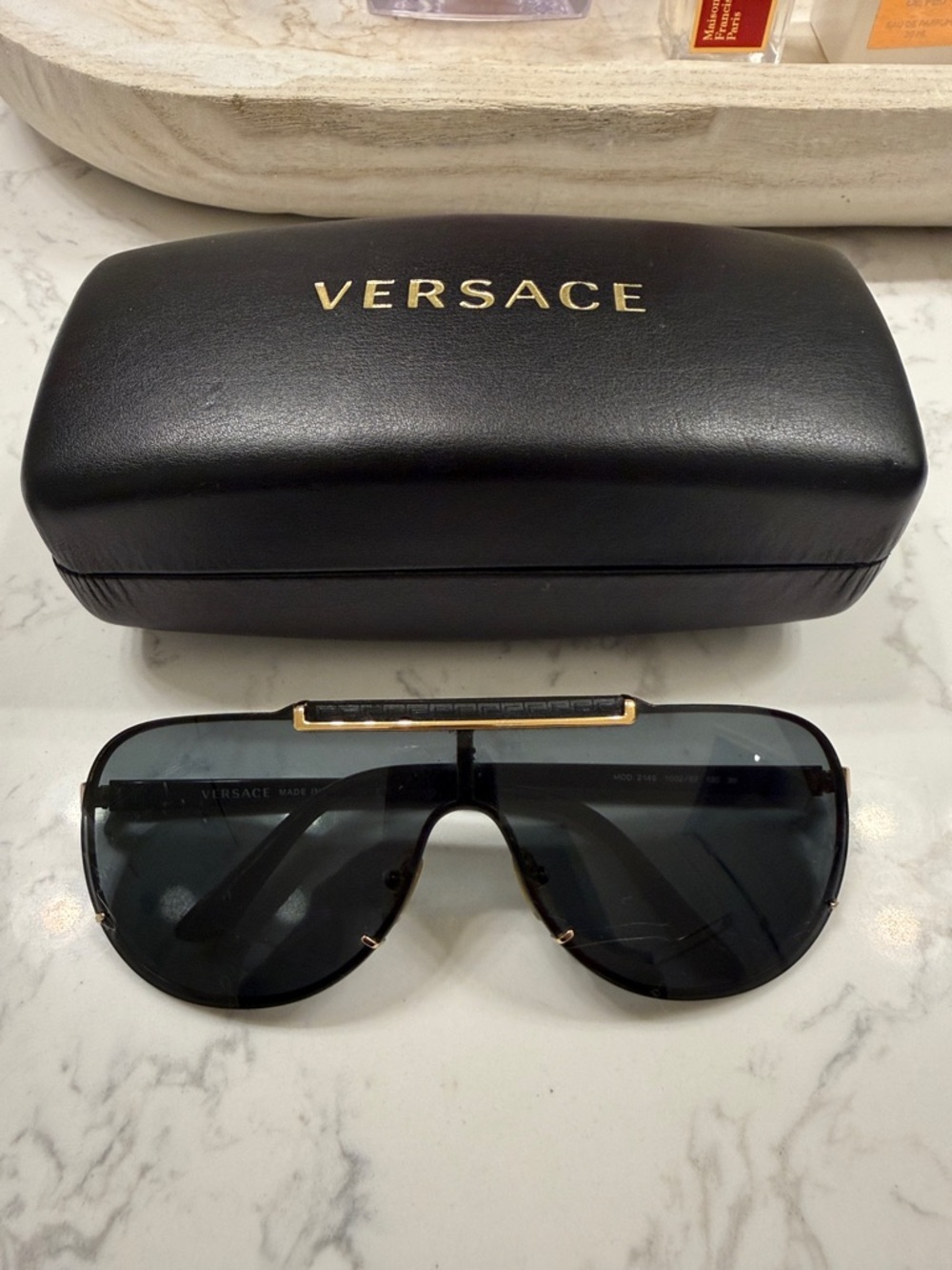 Versace Black Shield Sunglasses with Gold Bar Accent